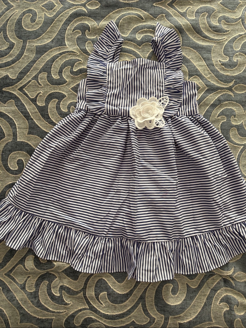 Rare Editions Navy & White Striped Ruffle Sundress with Lace Flower